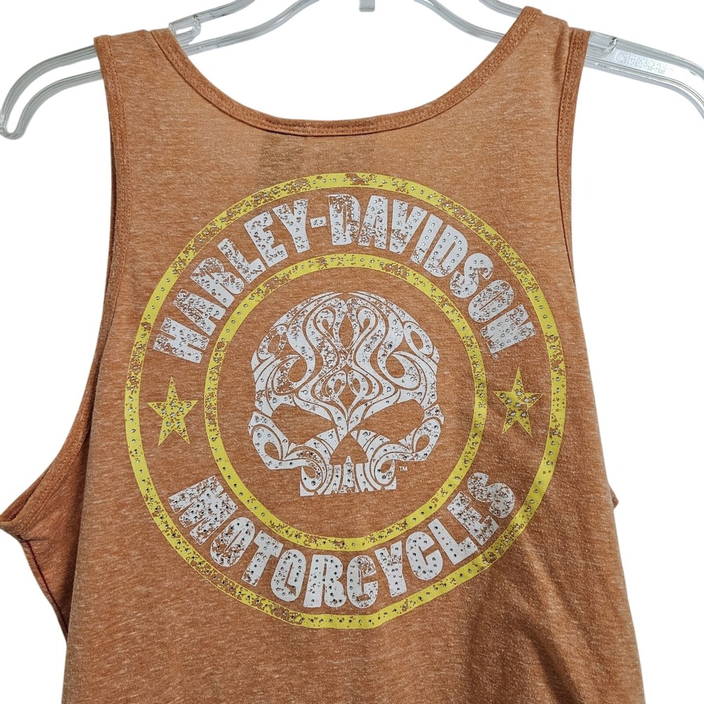 Harley-Davidson Tank Top Womens XL Orange Willie G Skull Rhinestone Henley Moto